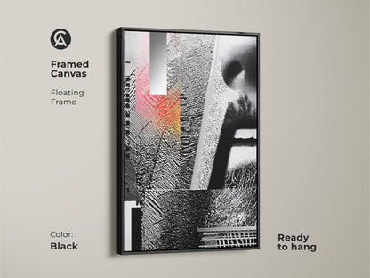 Framed Canvas featuring Glitch Art. This floating frame highlights the abstract geometric face collage in black white and red. The mixed media artwork is ready to hang adding a sophisticated touch. The frame color is black.