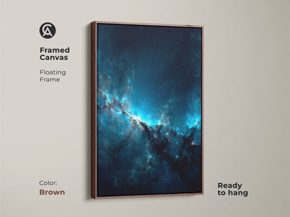Framed canvas print of a stunning blue nebula. The floating frame enhances its artistic appeal. This brown-framed artwork is ready to hang. It is perfect for adding depth and color to your decor.