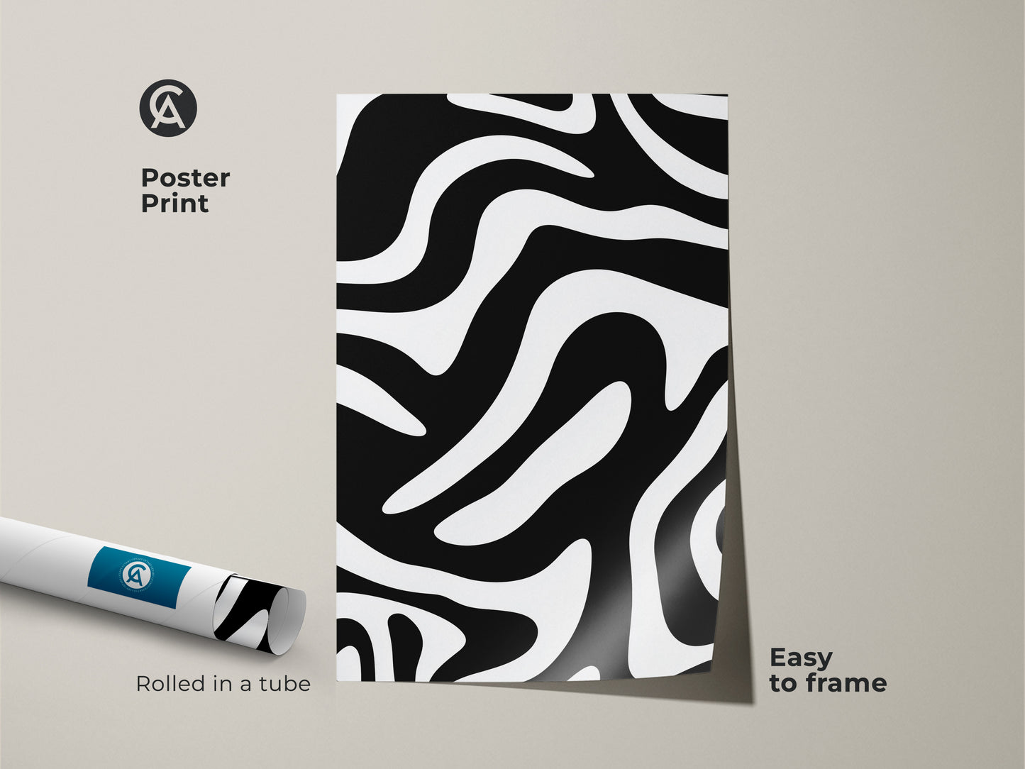 Poster print featuring a striking abstract zebra waves pattern. The rolled canvas shows the easy-to-frame monochrome home decor. This modern abstract art is ideal for gifting.