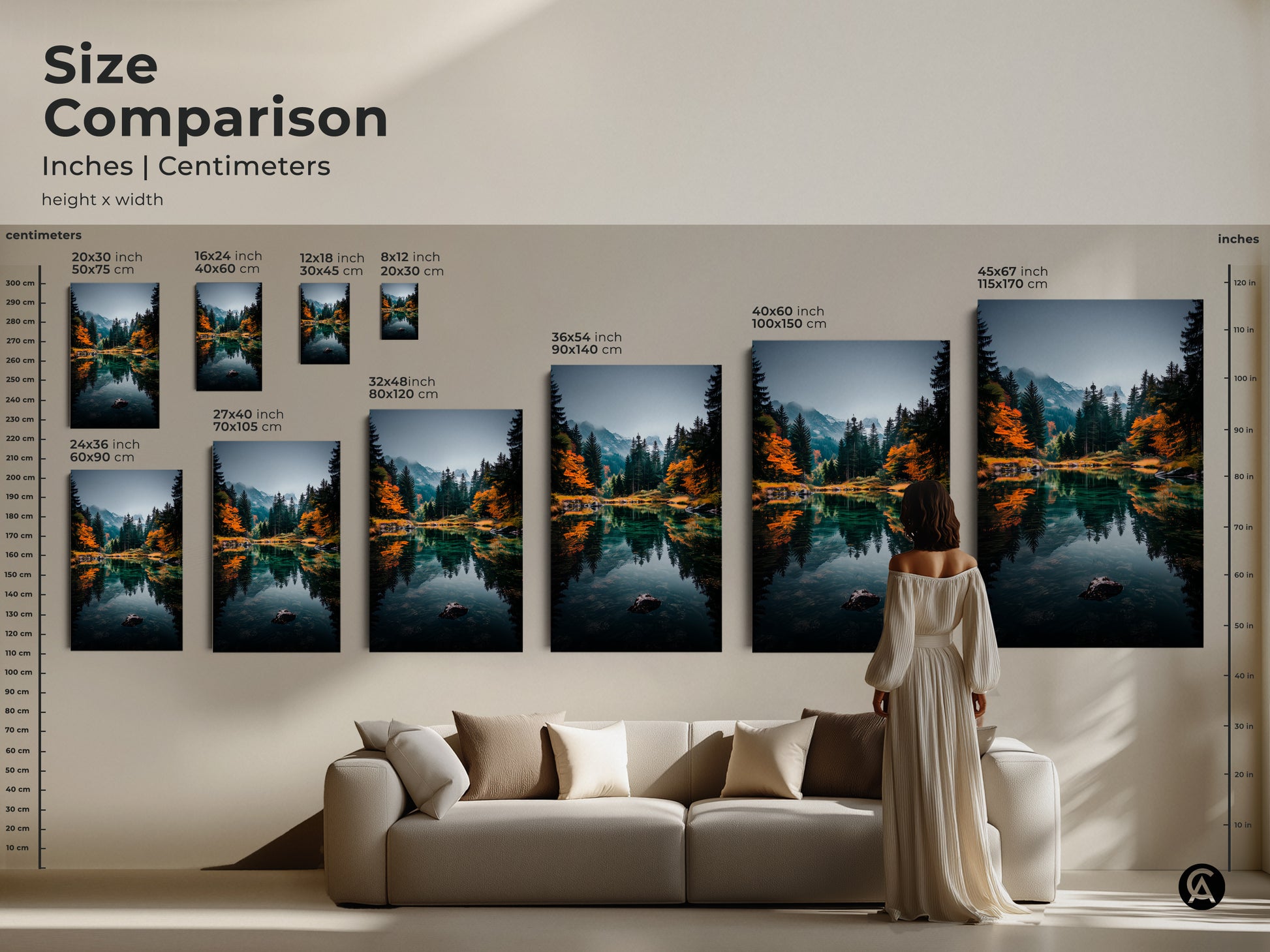 Compare sizes and transform your space with our mountain lake artwork. See how each canvas and poster size complements your living room. From small to extra large find the perfect fit. Elevate your home decor with a stunning piece of nature