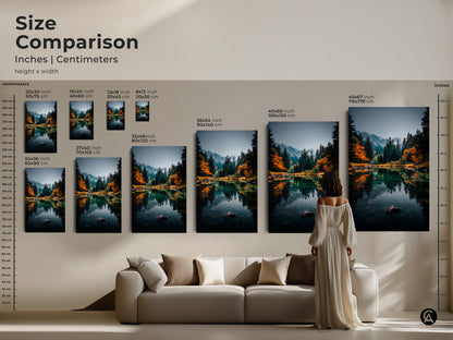Compare sizes and transform your space with our mountain lake artwork. See how each canvas and poster size complements your living room. From small to extra large find the perfect fit. Elevate your home decor with a stunning piece of nature