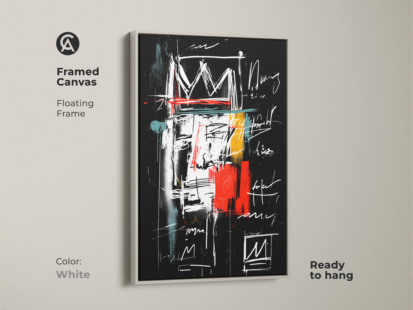 Framed canvas art with a white floating frame. This abstract crown art offers a clean touch to your walls. The floating frame enhances the artwork's visual impact. Ready to hang and enjoy. Perfect for those who appreciate contemporary design and bold statements.