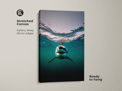 Close-up of a stunning great white shark underwater. This stretched canvas print features gallery-wrapped edges. Ready to hang this ocean wildlife artwork brings the deep blue sea to your walls. Ideal contemporary animal art for a den or office. Perfect for shark lovers.