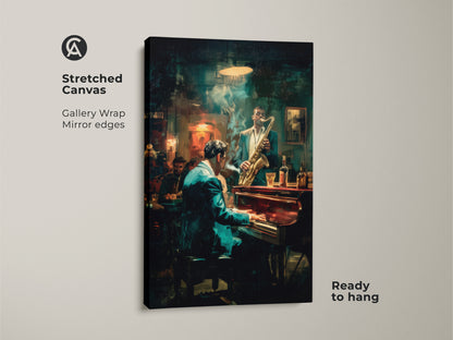 Experience jazz culture with this stunning stretched canvas art. This artwork features a pianist and saxophonist creating music. The gallery wrap and mirror edges add a modern touch. Ready to hang this piece brings the essence of jazz to your home.