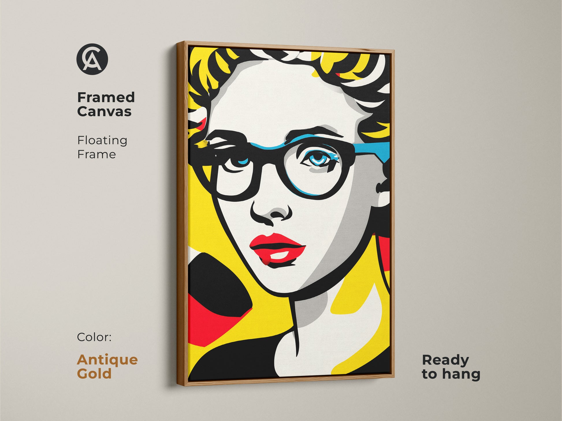 Framed canvas featuring a pop art woman with glasses. The floating frame is antique gold. This framed canvas is ready to hang adding a touch of modern artwork to any space.