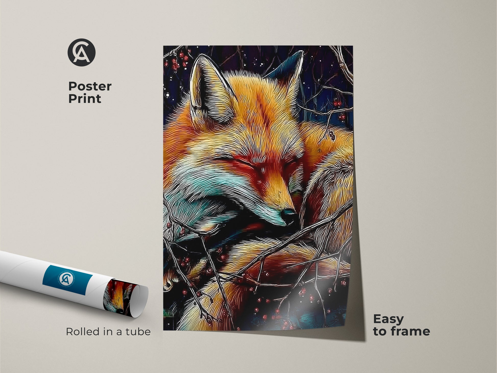 Sleeping fox art is showcased as a poster print. The nature inspired wall hanging ships rolled in a tube. It is easy to frame. This is a gold teal wildlife wall art. Add an artistic animal painting to your home. It is the best art for fox lovers.