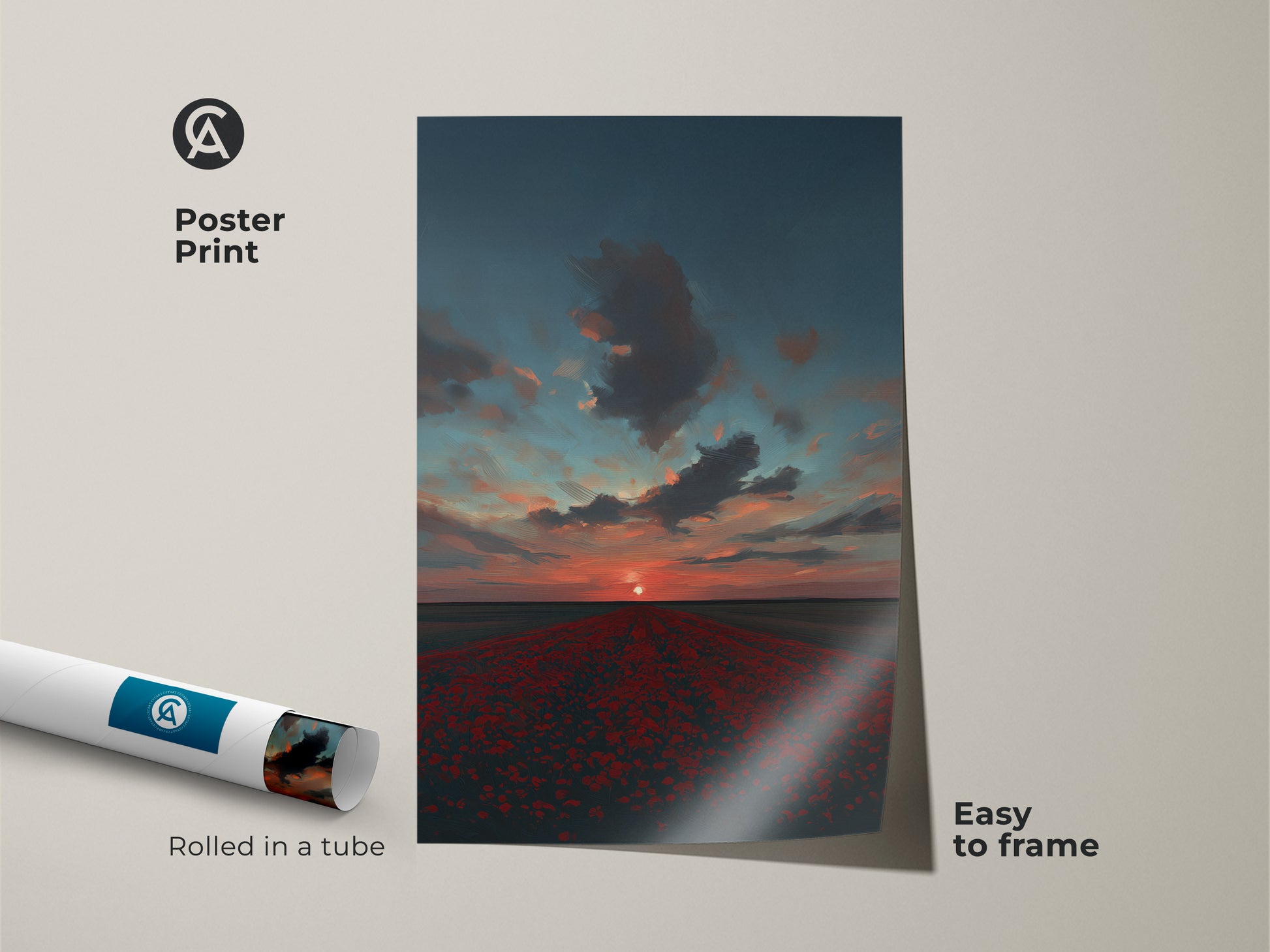 This poster print showcases a stunning poppy field at sunset. The crimson orange and teal hues create an impressionistic nature scene. Easy to frame this scenic sunset artwork is perfect for adding a touch of bohemian wall decor to your home or office. Rolled in a tube for protection.