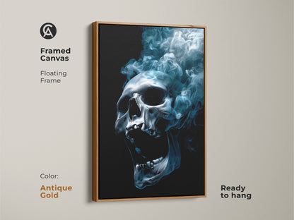 Framed canvas art featuring a skull with smoke. The floating frame is antique gold and the canvas comes ready to hang. This artwork offers a classic and sophisticated look. Enhance your living space with this captivating art.
