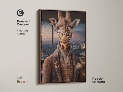 Framed canvas features a dapper giraffe art in a brown floating frame. This unique animal wall hanging adds luxury and sophistication to any room. Ready to hang for easy animal-themed home decor.