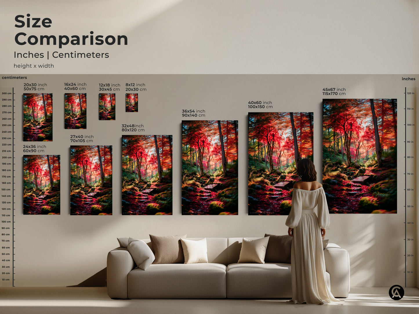 Size comparison of forest landscape prints in inches and centimeters. Visualize the art above a sofa to gauge scale. See the artwork in sizes from 8x12 to 45x67 inches. A great way to choose the perfect size.