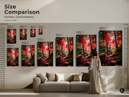 Size comparison of forest landscape prints in inches and centimeters. Visualize the art above a sofa to gauge scale. See the artwork in sizes from 8x12 to 45x67 inches. A great way to choose the perfect size.