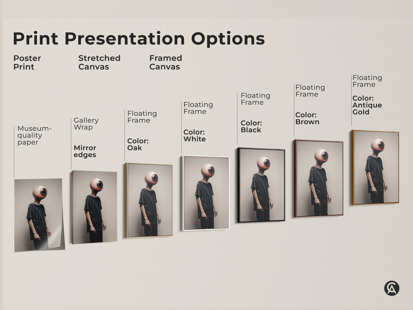 Explore print presentation options. From posters to stretched canvases and framed artwork there's a style for every taste. Discover the ideal medium for the surreal eyeball head art print. Museum-quality paper gallery wraps and floating frames await.