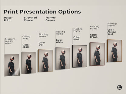 Explore print presentation options. From posters to stretched canvases and framed artwork there's a style for every taste. Discover the ideal medium for the surreal eyeball head art print. Museum-quality paper gallery wraps and floating frames await.