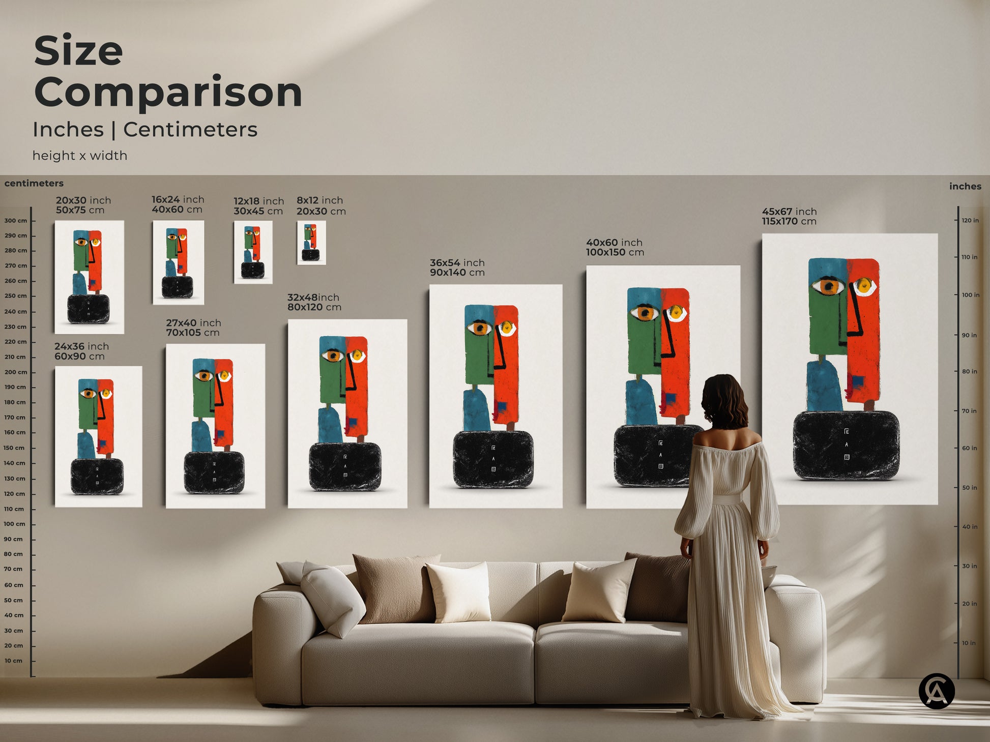 Size comparison of modern abstract face art prints. Various sizes are displayed in inches and centimeters. This surreal wall decor fits any space. The eclectic orange green teal artwork enhances living rooms. Find the ideal size for your unique home with minimalist abstract art.
