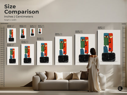 Size comparison of modern abstract face art prints. Various sizes are displayed in inches and centimeters. This surreal wall decor fits any space. The eclectic orange green teal artwork enhances living rooms. Find the ideal size for your unique home with minimalist abstract art.