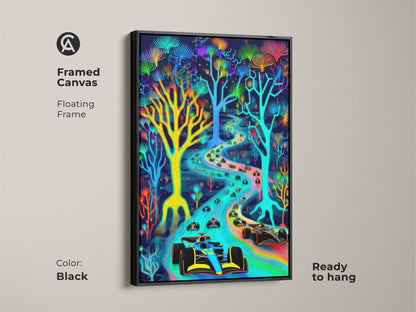 Check out this framed abstract neon Formula 1 art. This artwork features a vaporwave race car design with psychedelic elements. It is ready to hang with a black floating frame. This canvas print enhances any space with an energetic vibe. It's a superb gift for F1 fans.