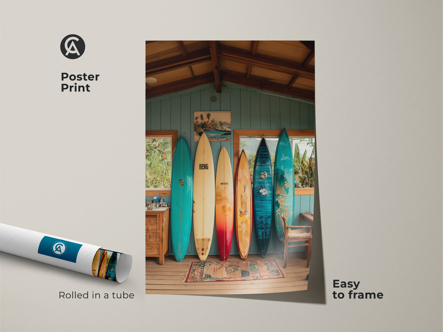 This poster print features surfboards in a beach house. The art is rolled in a tube for protection. It is easy to frame and hang. This museum-quality paper enhances the vintage surf art look. Ideal wall decor.