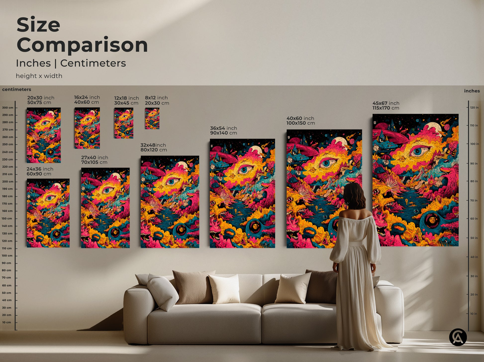 A size comparison showcasing psychedelic art prints in various dimensions. See how the artwork scales from small to extra-large. Visualize the impact of each size in a living room setting. Find the perfect size to elevate your home decor. Discover the ideal dimensions for your space.