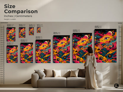 A size comparison showcasing psychedelic art prints in various dimensions. See how the artwork scales from small to extra-large. Visualize the impact of each size in a living room setting. Find the perfect size to elevate your home decor. Discover the ideal dimensions for your space.