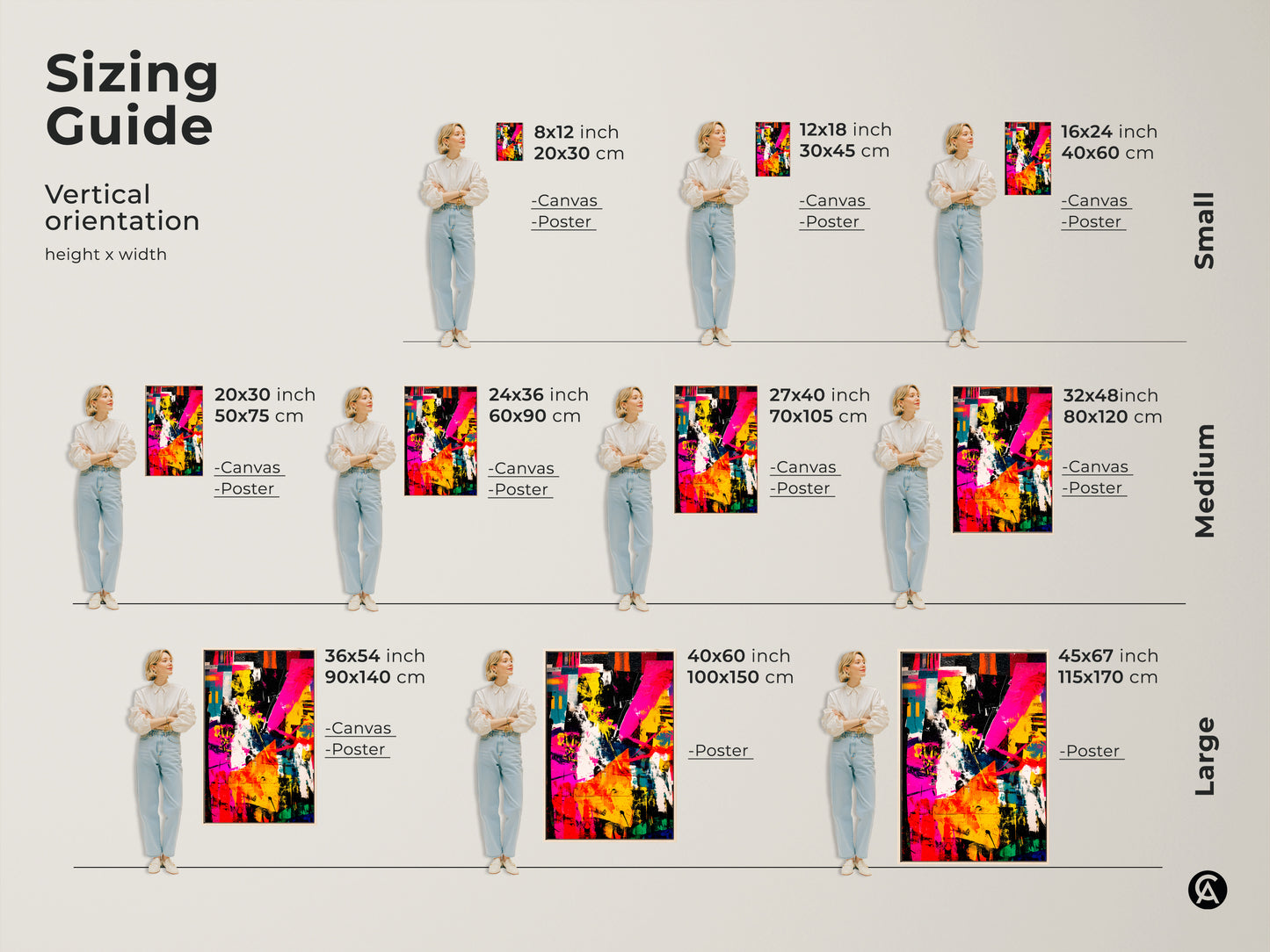 Sizing guide for vertical abstract artwork. Available in canvas and poster options. Small medium and large sizes are displayed. Find the perfect fit for your space with this art sizing guide.