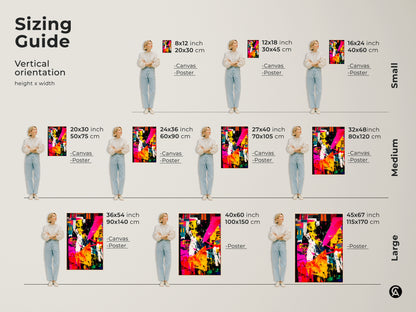 Sizing guide for vertical abstract artwork. Available in canvas and poster options. Small medium and large sizes are displayed. Find the perfect fit for your space with this art sizing guide.