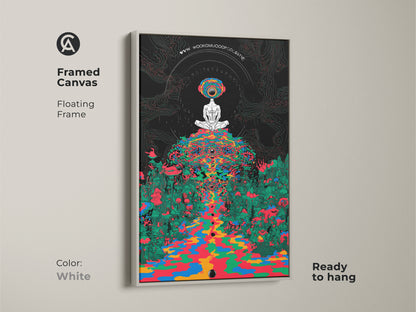 White framed canvas features a meditating figure in a psychedelic mushroom forest. Floating frame showcases trippy surrealism artwork. This indigo green abstract print is ready to hang adding eclectic home decor.