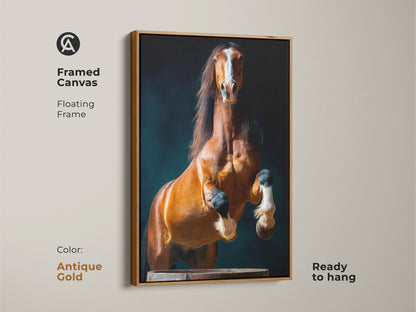 Framed canvas with antique gold floating frame shows the rearing chestnut horse. This fine art horse is a majestic horse print. The dramatic equine art is perfect for entry halls and living rooms alike. It will be a conversation piece.