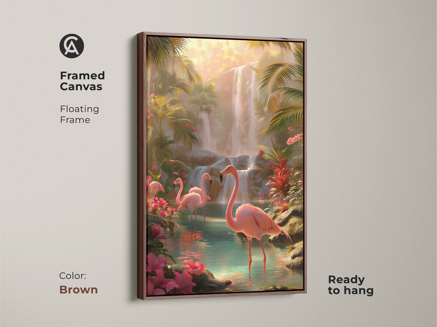 Framed canvas art with a brown floating frame featuring tropical flamingos by a waterfall. The artwork brings exotic island wall art to your space. This paradise scene canvas print adds a tranquil touch.