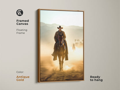 Framed canvas art featuring a Western cowboy on horseback. The floating frame has an antique gold color and is ready to hang. It is ideal rustic decor for housewarming. The tan and brown artwork brings a sense of adventure.