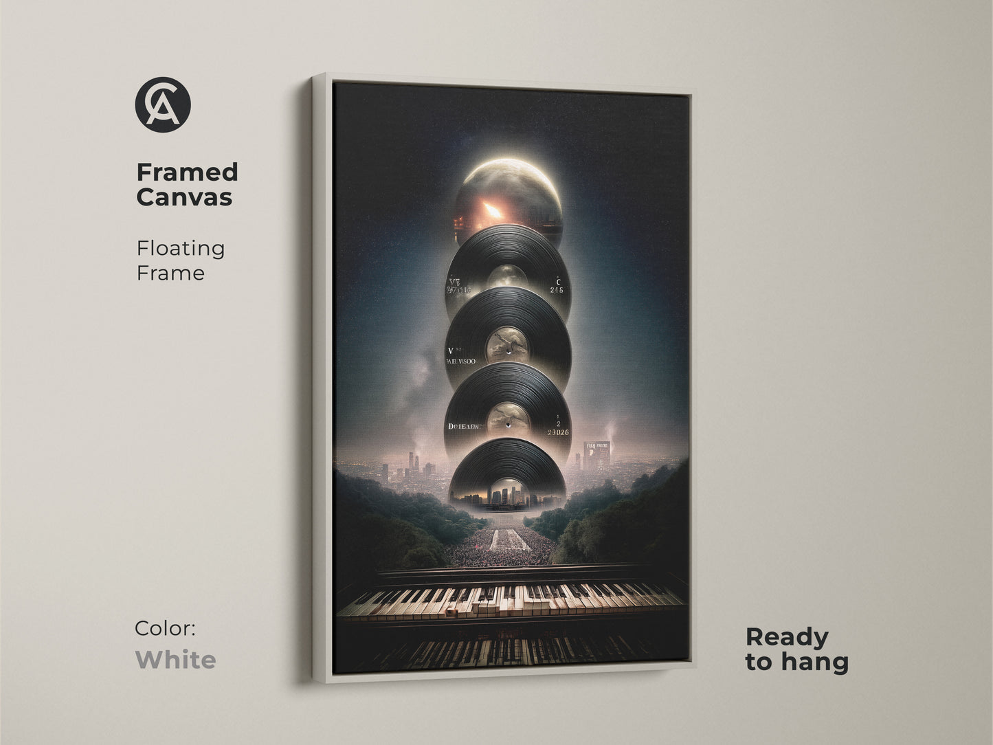 Framed Canvas: Surreal music artwork with a floating white frame ready to hang. This piece showcases a vinyl record piano keyboard cityscape print. The white frame offers a clean look suitable for ambient music decor in a contemporary space.