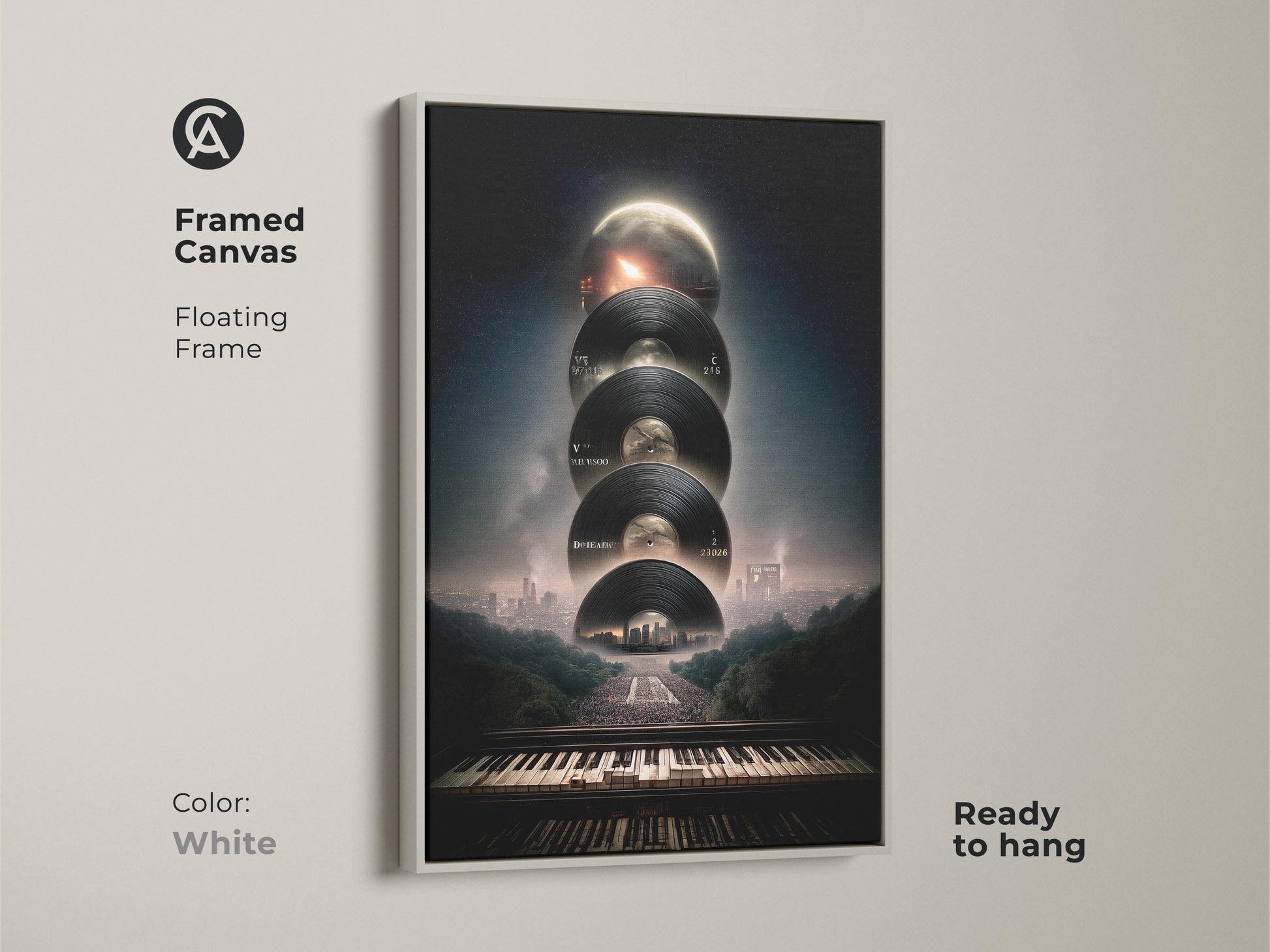 Framed Canvas: Surreal music artwork with a floating white frame ready to hang. This piece showcases a vinyl record piano keyboard cityscape print. The white frame offers a clean look suitable for ambient music decor in a contemporary space.