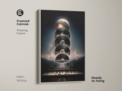 Framed Canvas: Surreal music artwork with a floating white frame ready to hang. This piece showcases a vinyl record piano keyboard cityscape print. The white frame offers a clean look suitable for ambient music decor in a contemporary space.