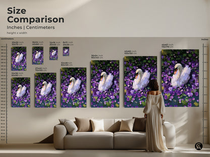 Compare sizes of the white swan art print in inches and centimeters. The painterly animal artwork is stunning in any size. It can be a small accent or a large statement piece. This nature-inspired print is perfect for any room. It is a unique gift for art lovers.