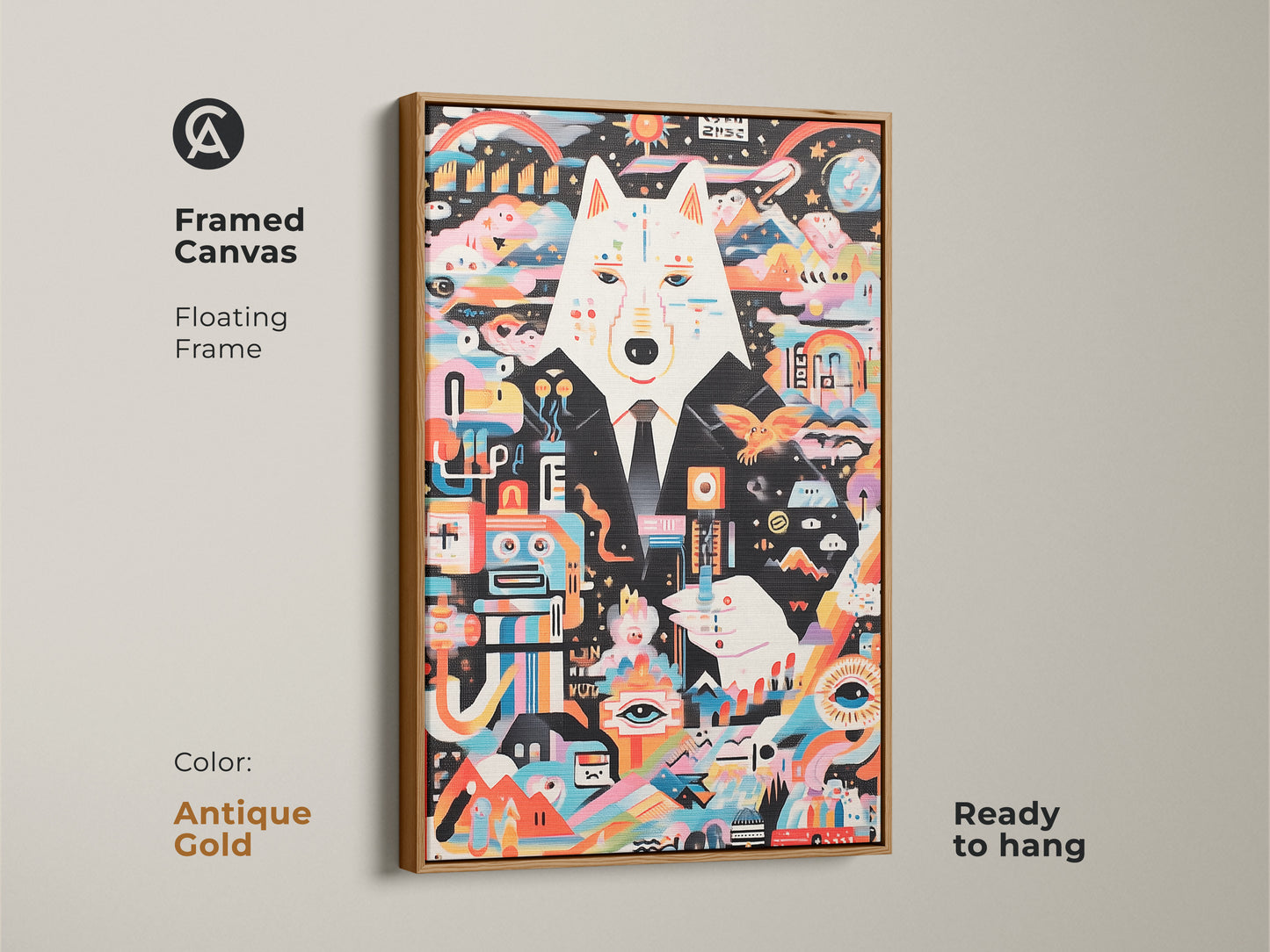 An abstract wolf artwork on framed canvas. This surreal multicolor print comes in an antique gold floating frame. The eclectic modern decor enhances any room. Ready to hang. A unique gift for art enthusiasts seeking vibrant and unusual wall decor.