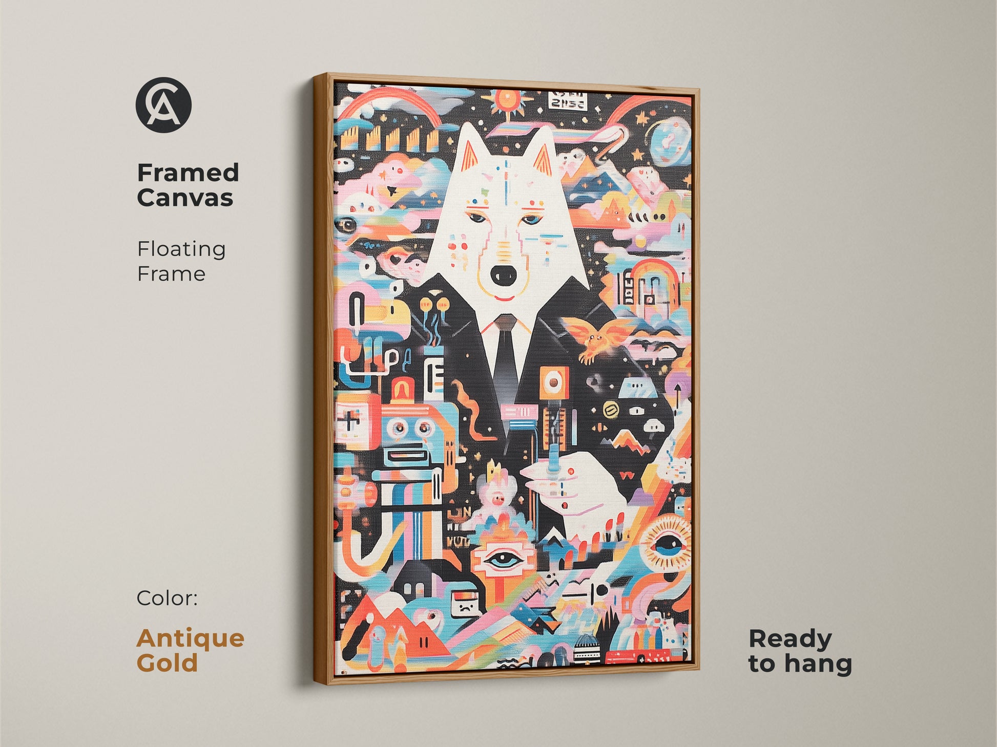 An abstract wolf artwork on framed canvas. This surreal multicolor print comes in an antique gold floating frame. The eclectic modern decor enhances any room. Ready to hang. A unique gift for art enthusiasts seeking vibrant and unusual wall decor.
