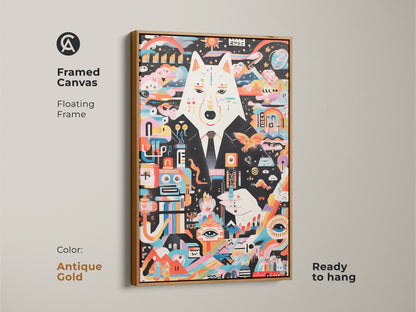 An abstract wolf artwork on framed canvas. This surreal multicolor print comes in an antique gold floating frame. The eclectic modern decor enhances any room. Ready to hang. A unique gift for art enthusiasts seeking vibrant and unusual wall decor.