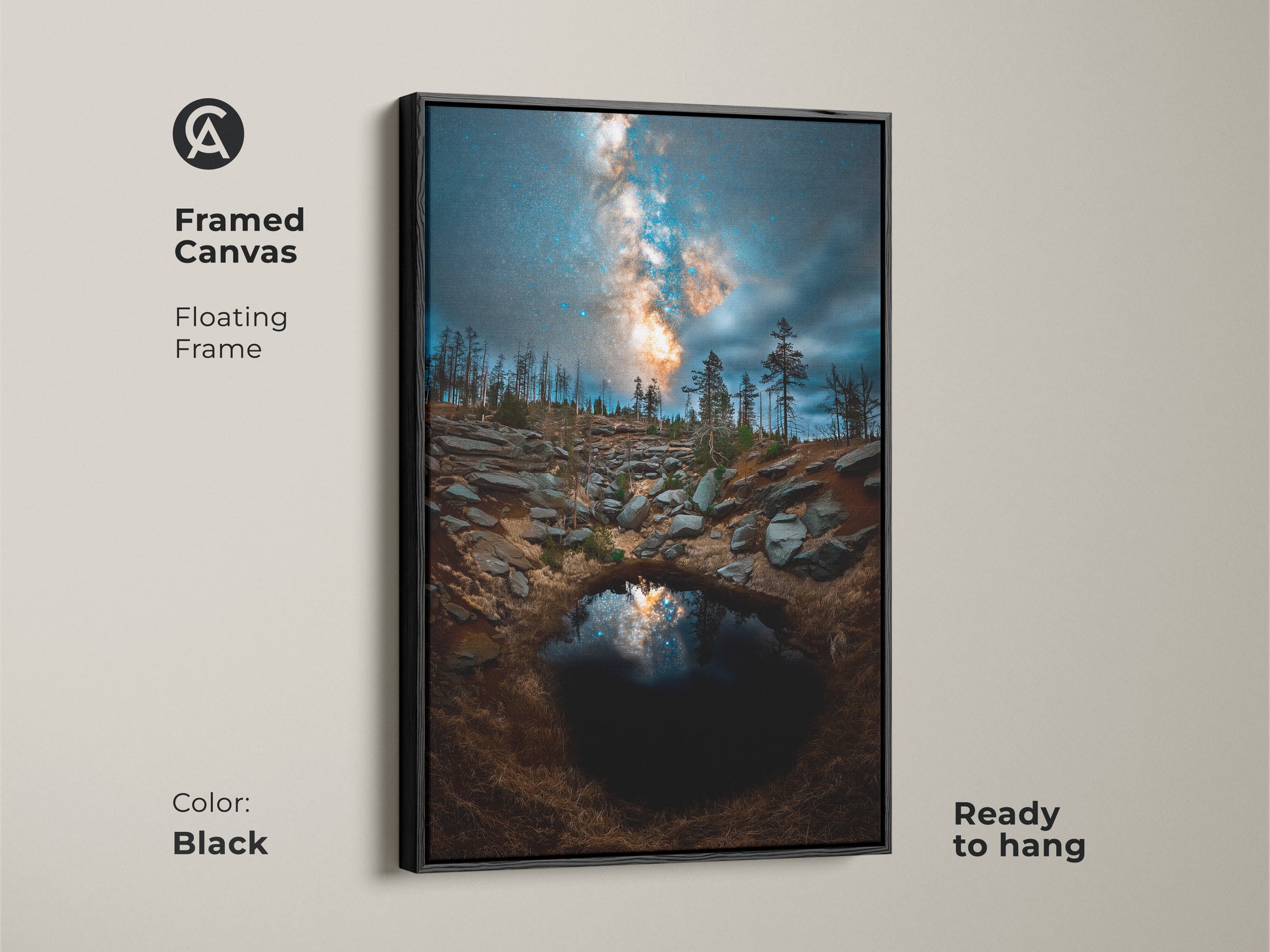 Framed canvas featuring a floating black frame. A perfect wall hanging with a contemporary art print. The celestial artwork adds cosmic wonder to bedrooms and living rooms. Ready to hang.