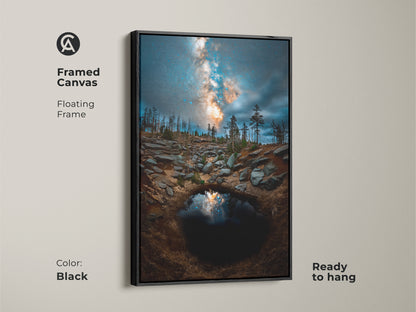 Framed canvas featuring a floating black frame. A perfect wall hanging with a contemporary art print. The celestial artwork adds cosmic wonder to bedrooms and living rooms. Ready to hang.