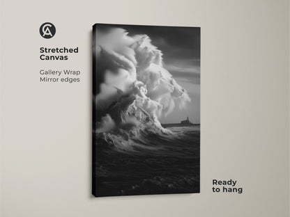 Stretched Canvas featuring monochrome ocean wave art with gallery wrap mirror edges. This coastal lighthouse canvas print displays a black and white seascape. Ready to hang this beach theme wall art brings nautical decor home. It's a stormy sea canvas offering an ocean view artwork.
