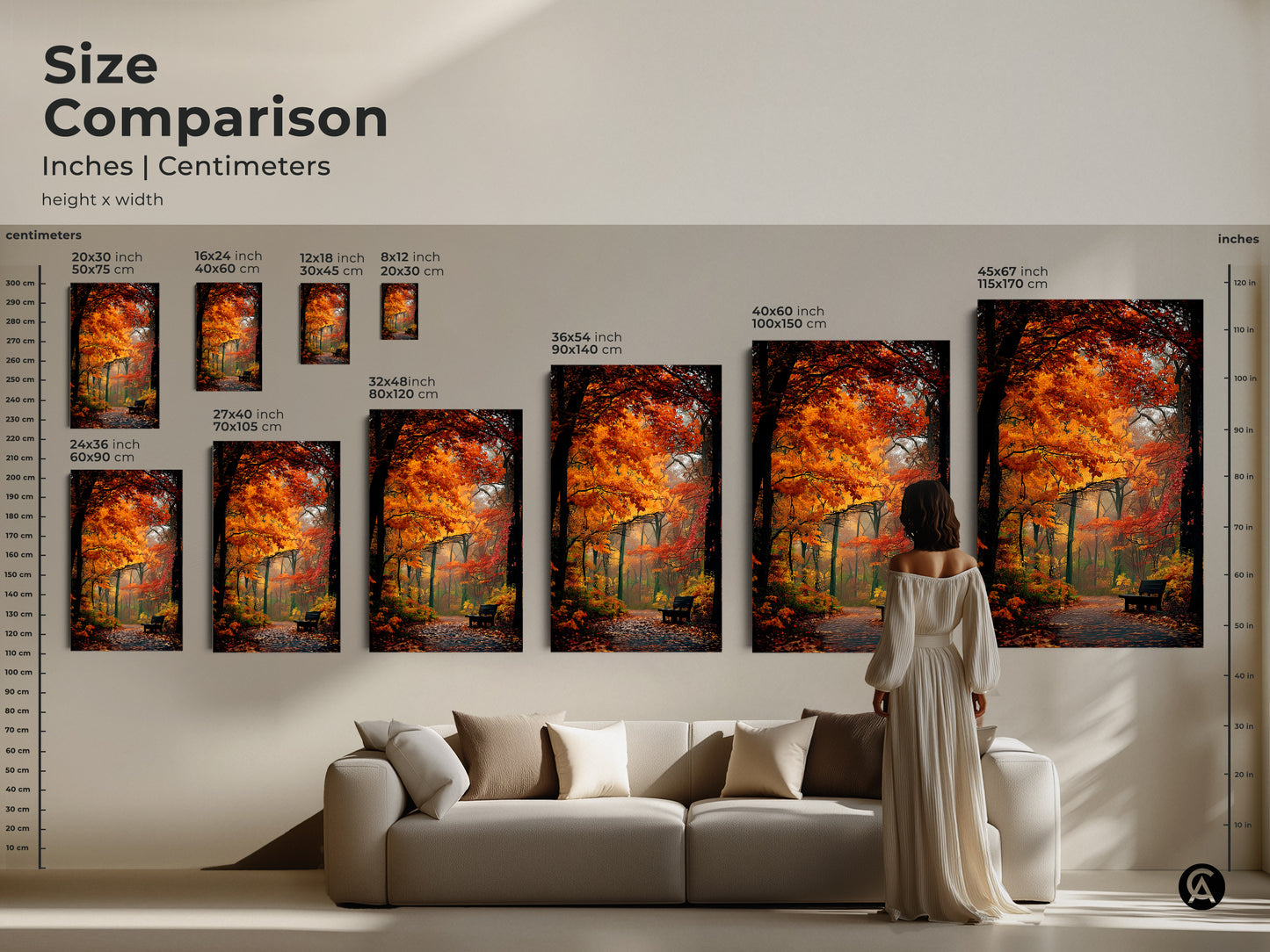 Size comparison of autumn forest art prints. See various sizes in inches and centimeters. The artwork is shown in a room setting. Sizes range from small to extra large.