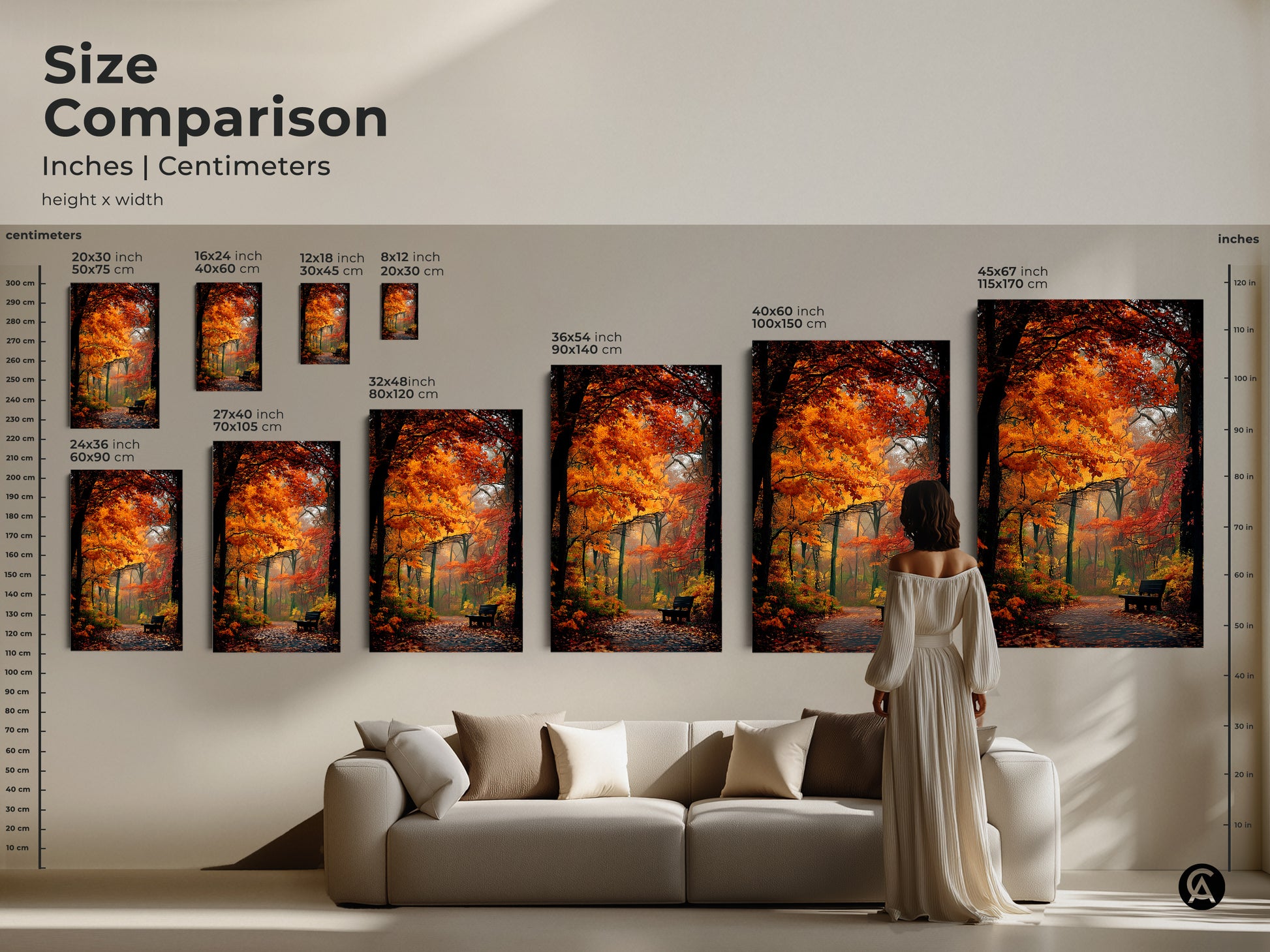 Size comparison of autumn forest art prints. See various sizes in inches and centimeters. The artwork is shown in a room setting. Sizes range from small to extra large.