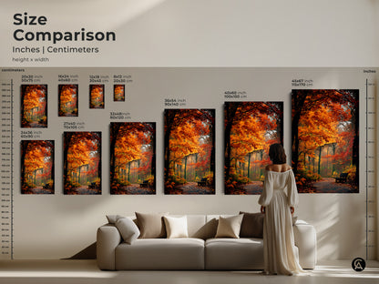 Size comparison of autumn forest art prints. See various sizes in inches and centimeters. The artwork is shown in a room setting. Sizes range from small to extra large.
