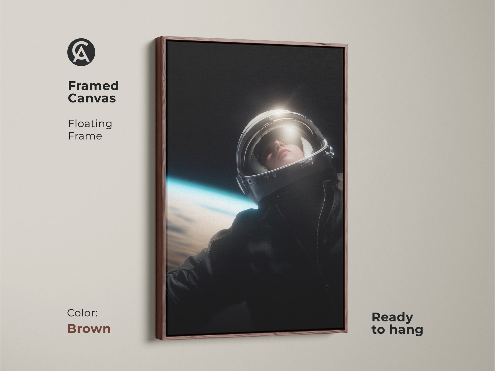 The brown floating frame adds warmth to this astronaut canvas print. The artwork captures a photorealistic astronaut looking up. This art brings a touch of deep space exploration to any room. Perfect as a gift for stargazers. This piece complements any contemporary art style.