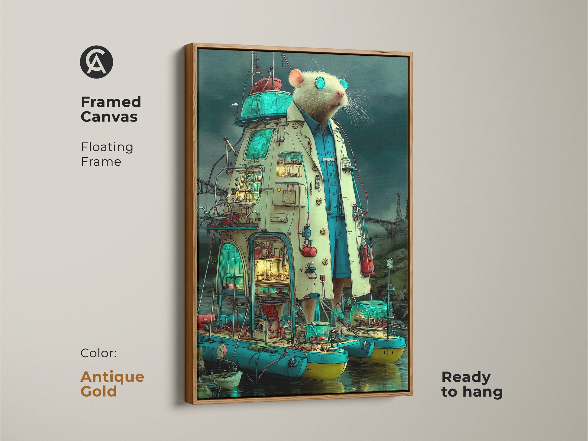 Framed canvas art featuring a steampunk rat scientist. The surreal laboratory wall art is an eclectic animal canvas print. The floating frame is antique gold. This would be great office workstation decor.