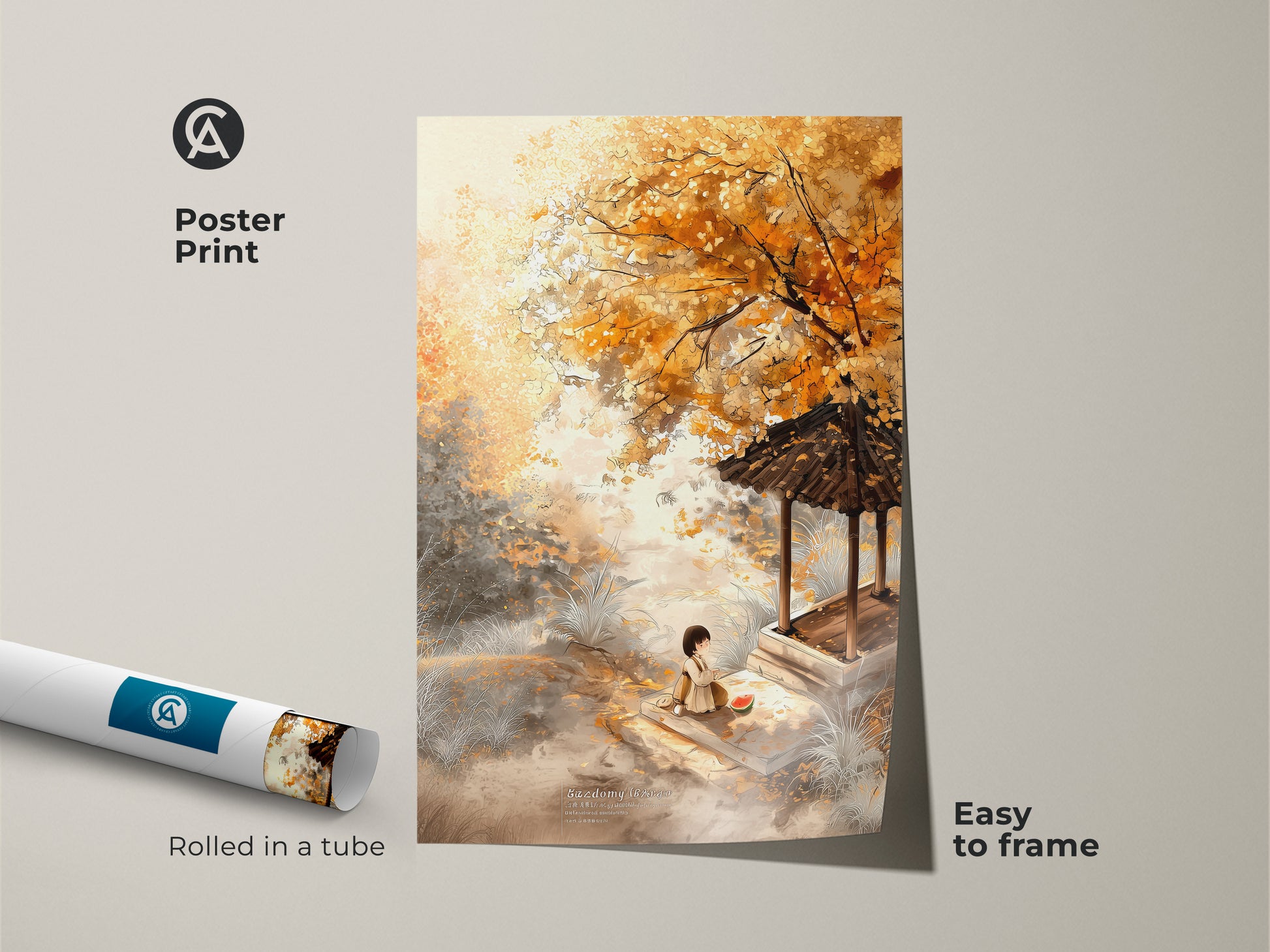 Poster print displays a beautiful autumn artwork. The image shows a girl enjoying watermelon near a pagoda. Rolled in a tube this museum-quality paper poster is easy to frame for home decor.