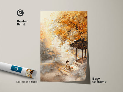 Poster print displays a beautiful autumn artwork. The image shows a girl enjoying watermelon near a pagoda. Rolled in a tube this museum-quality paper poster is easy to frame for home decor.