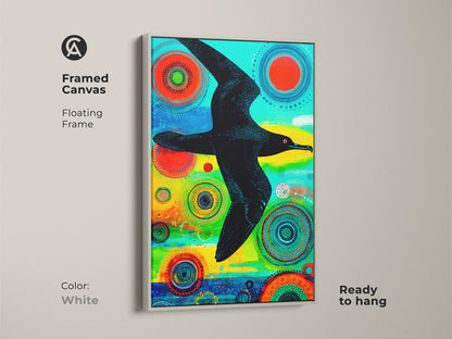Explore various print presentation options for this abstract albatross artwork. Choose from poster prints stretched canvases and framed canvases. Each option enhances the modern folk art bird print. Find the perfect style for colorful geometric wall decor. Add an avian themed wall hanging to your space.