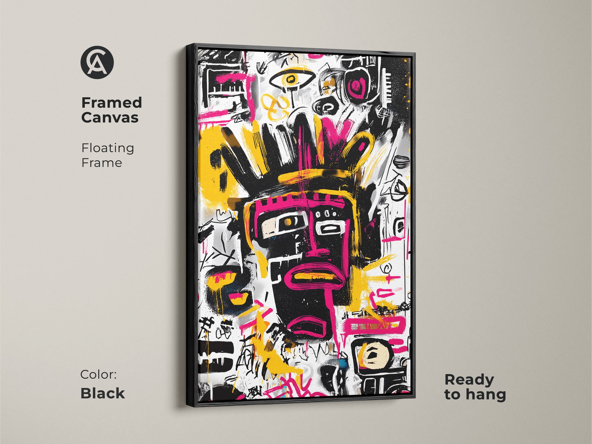 Framed canvas art featuring an abstract face artwork. The black floating frame enhances the art. This modern artwork is ready to hang. The black face has pink details on a white background with colorful accents.