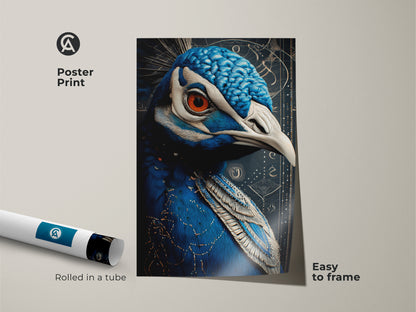 Poster print of an Art Nouveau peacock. The print is easy to frame and comes rolled in a tube. A blue and orange peacock shows close up feather details. Wildlife bird artwork print for residential space or office wall decor.