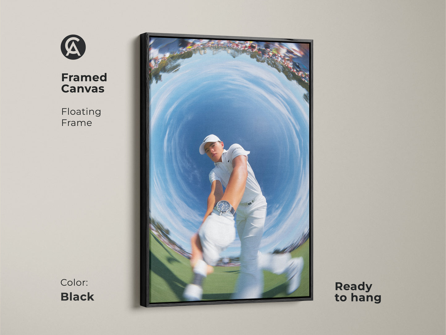 Framed canvas artwork featuring a golfer swinging with a fisheye perspective. The floating frame adds a touch of elegance. It is ready to hang in any room. The black frame color complements the modern style. Perfect for golf fans.